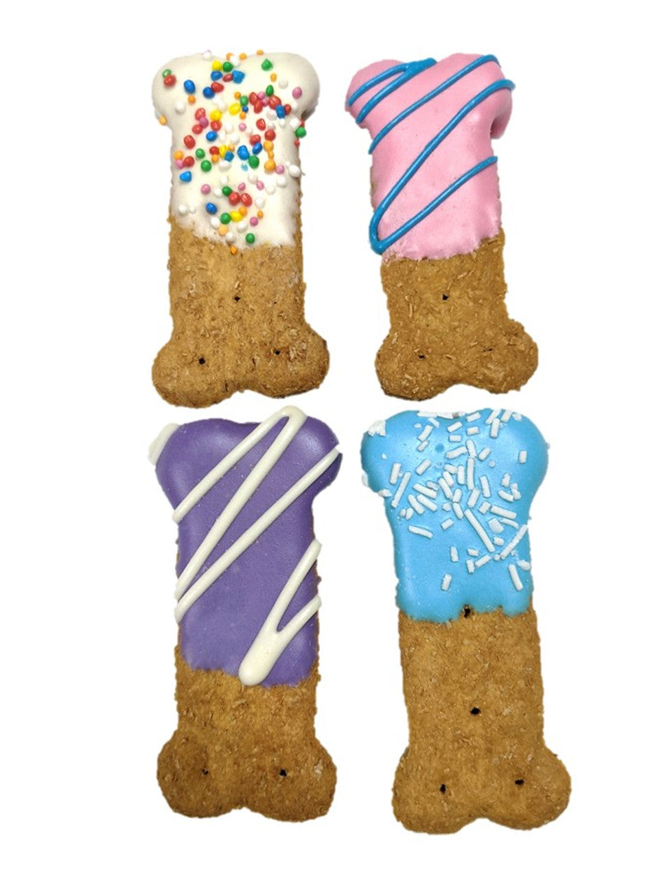 Four bone-shaped dog treats with colorful icing on a white background