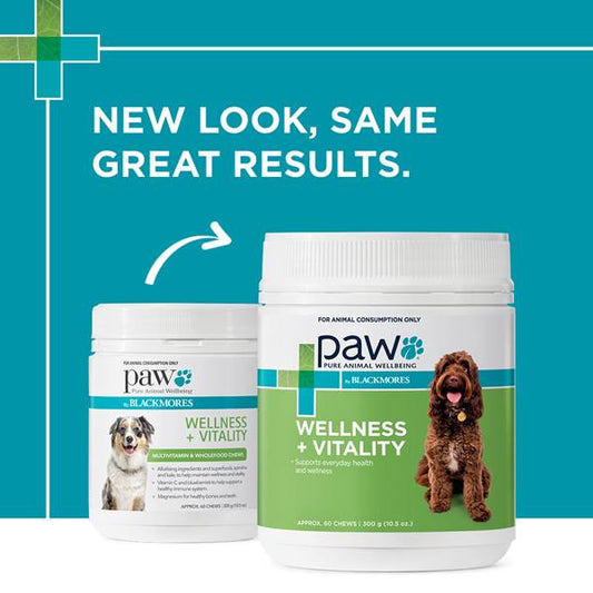 Two containers of PAW Wellness + Vitality supplement for dogs on a blue background with text 'New Look, Same Great Results'.