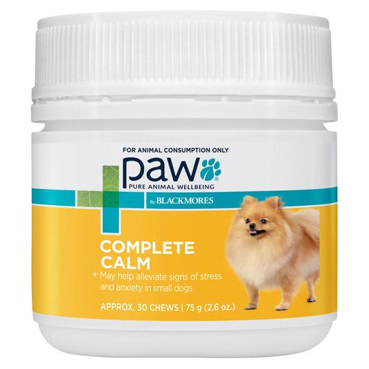 Jar of PAW Complete Calm for small dogs on a white background