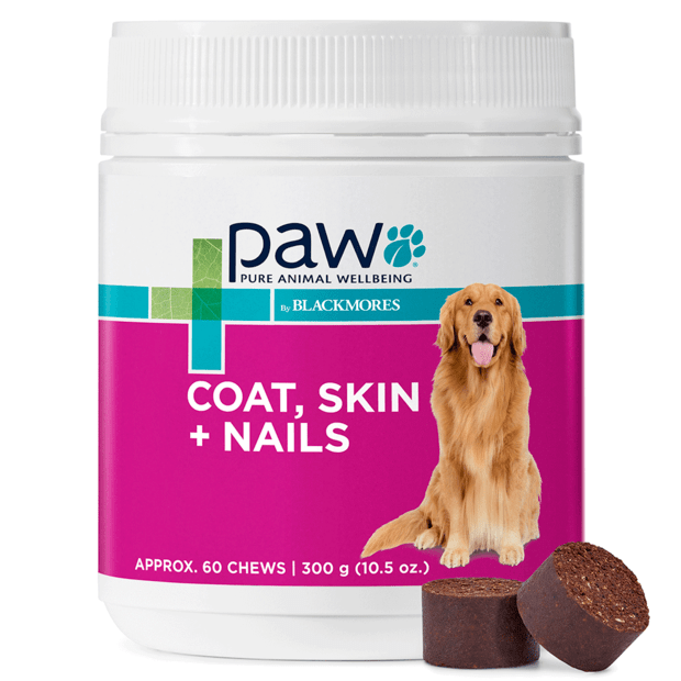 Paw coat, skin + nails supplement container with a dog on the label