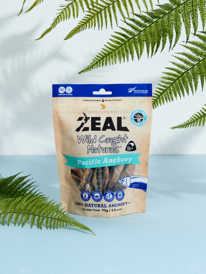 ZEAL Wild Caught Naturals Pacific Anchovy package with fern leaves in the background