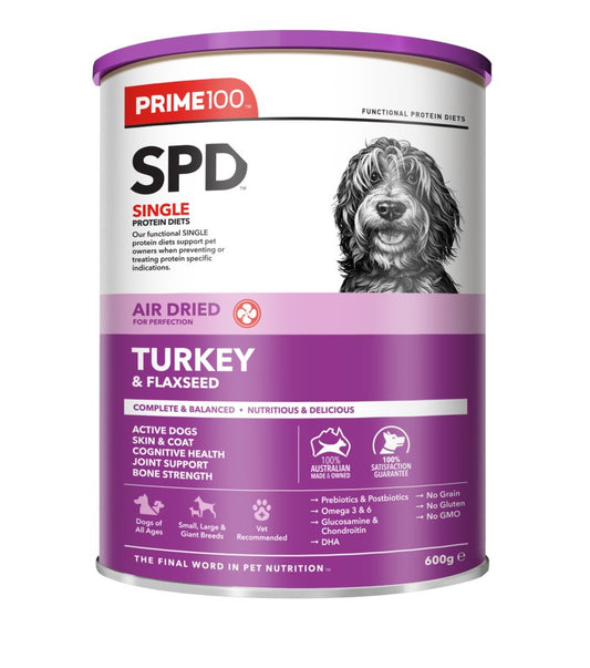 Prime100 SPD Single Protein Diet can for dogs with turkey and flaxseed on a white background
