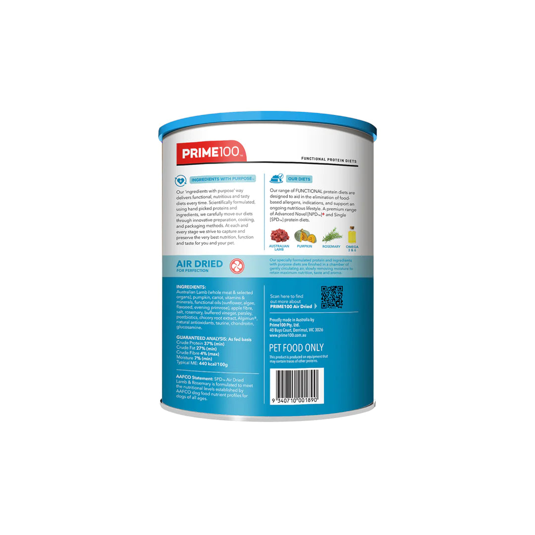 Back view of a Prime 100 pet food container with text and branding on a white background