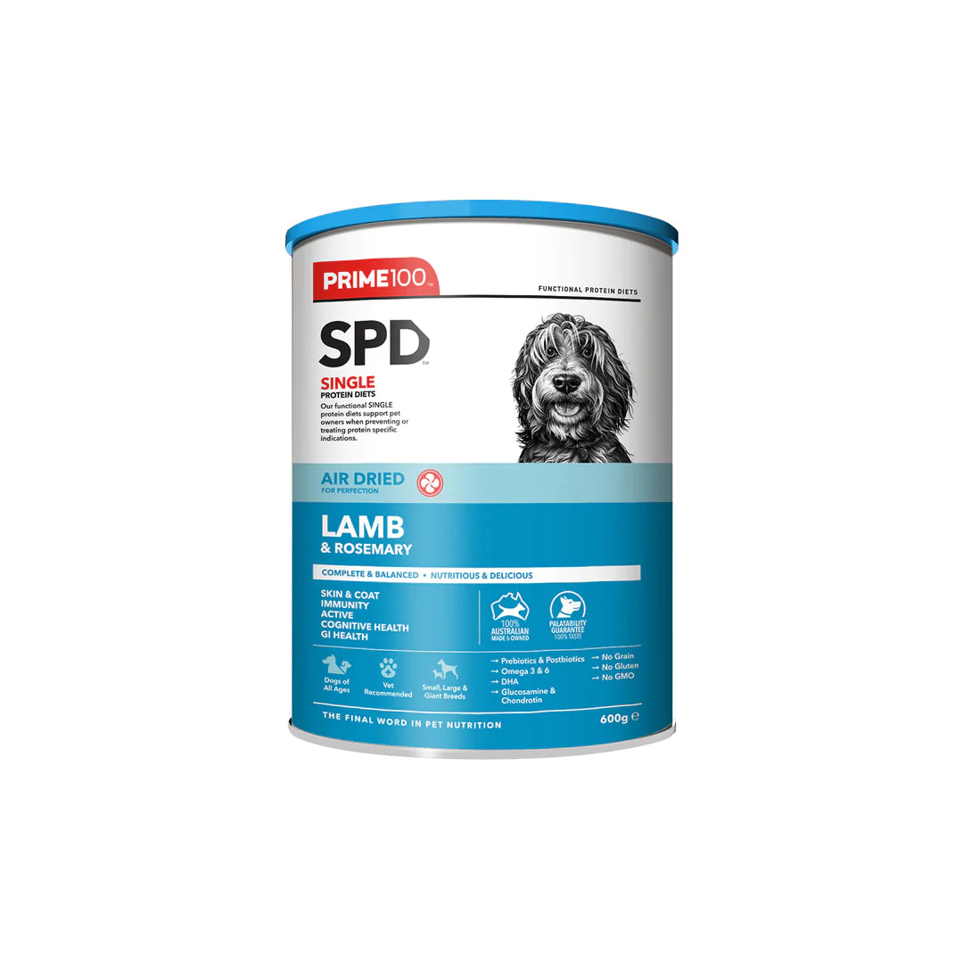 Prime100 SPD Single Protein Air Dried Lamb & Rosemary dog food can on a white background