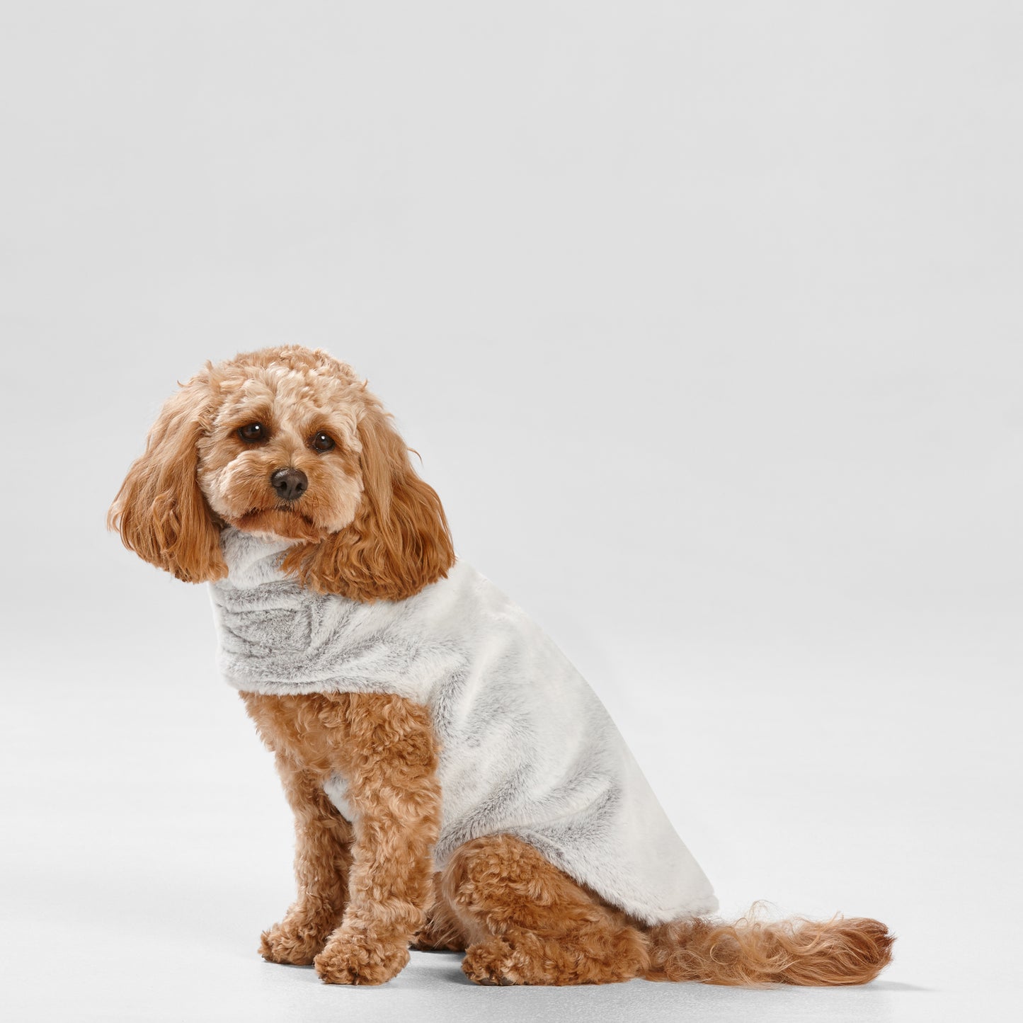 Faux fur outer and short pile inner calming coat. 