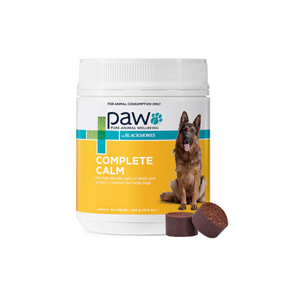 Paw Complete Calm supplement container with a German Shepherd on a white background