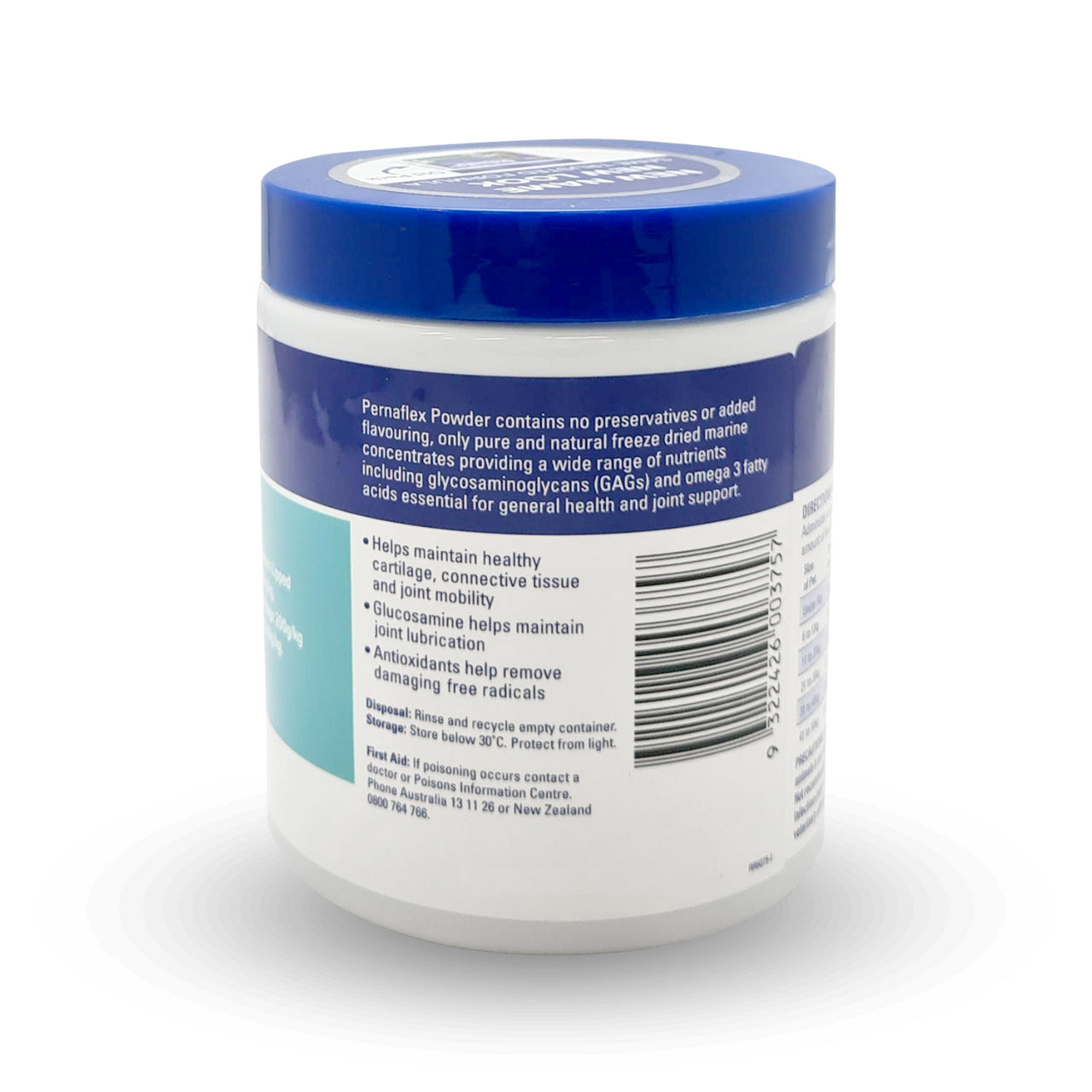 Container of PERNAFlex Powder supporting pet cartilage, joint mobility, and flexibility. Natural glucosamine and omega-3 powder for dog and cat joint health