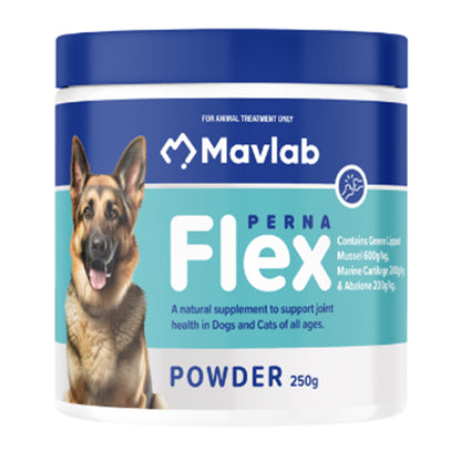 Mavlab Perna Flex Powder natural joint supplement for dogs and cats 250g container with a German Shepherd on a white background 