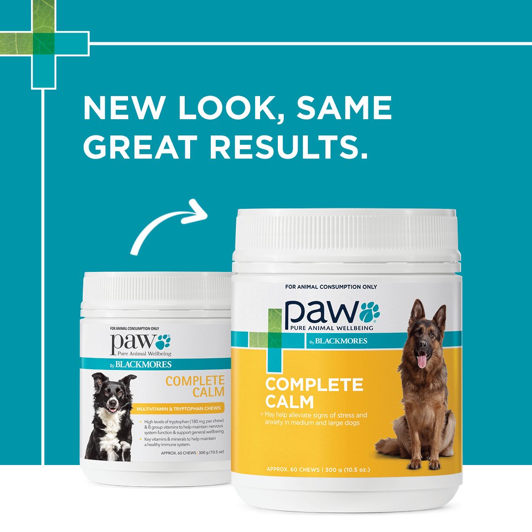 Two containers of Paw Complete Calm supplement with text 'New Look, Same Great Results' on a teal background.