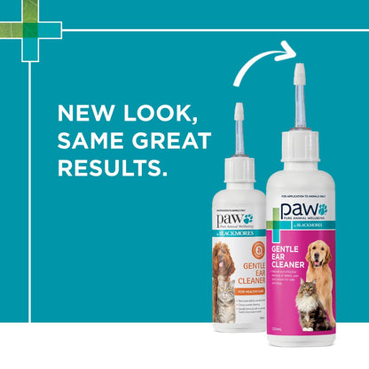 Two bottles of Paw Gentle Ear Cleaner on a teal background with text 'New Look, Same Great Results'.