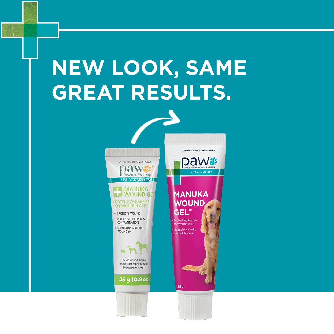 Two tubes of Paw Manuka Wound Gel on a blue background with text 'New Look, Same Great Results'.