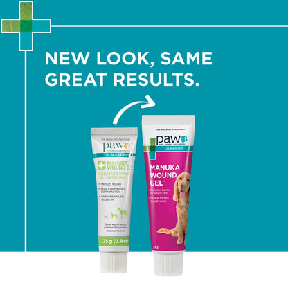 Two tubes of Paw Manuka Wound Gel on a blue background with text 'New Look, Same Great Results'.