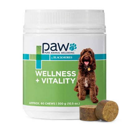 PAW Wellness + Vitality chews with spirulina, blueberries, and kale support immune health, bones, and vitality. Tasty, antioxidant-rich multivitamins for dogs needing extra nourishment.