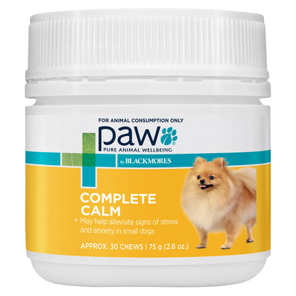 Jar of PAW Complete Calm for small dogs on a white background