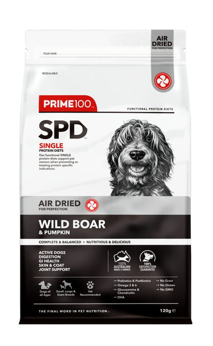 Dog food bag with 'Prime 100' branding on a white background