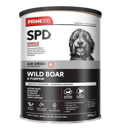 Prime100 SPD Single Protein Diet can for dogs with wild boar and pumpkin on a white background