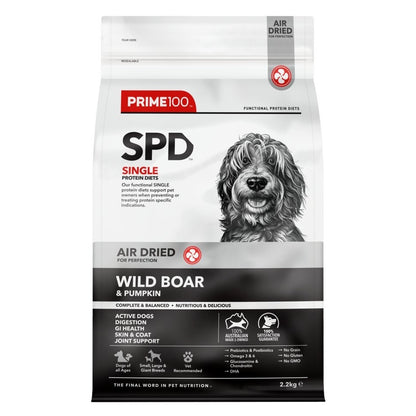 Prime100 Hypoallergenic, single-protein diet for dogs. It includes pumpkin for fibre and DHA for skin health, with no artificial additives
