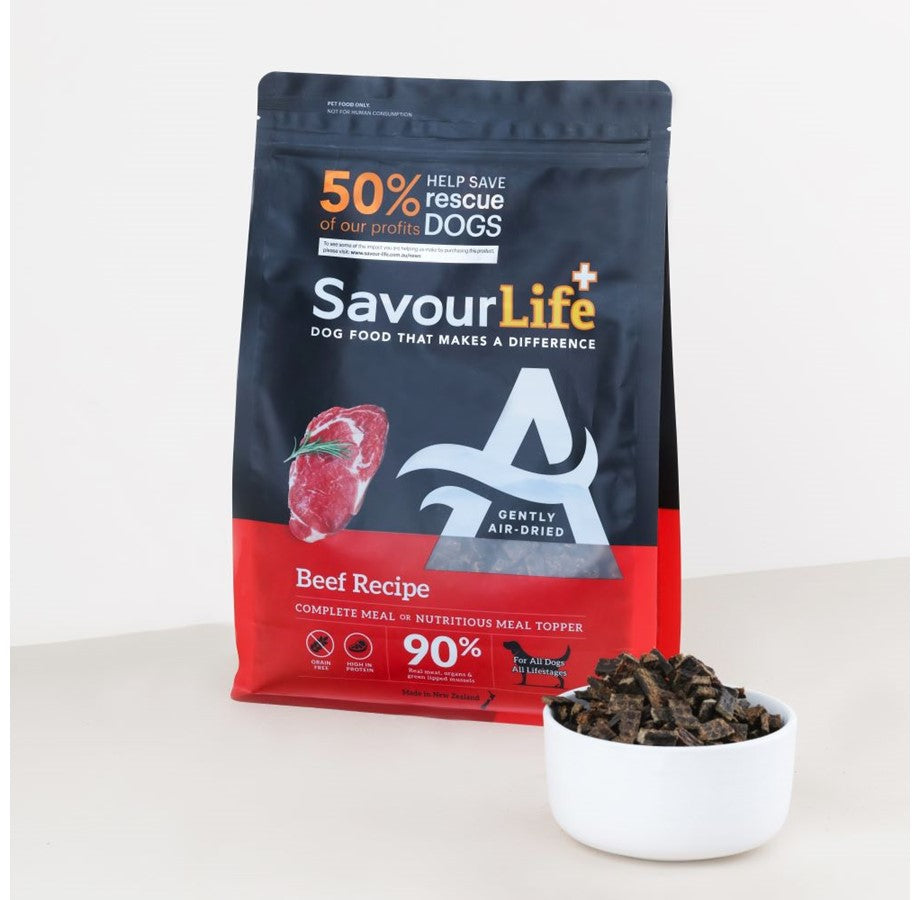Bowl of SavourLife Air Dry Dog Food, Grain-Free, raw, convenient, supporting rescue dogs  