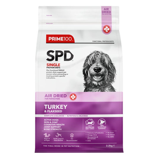 Prime100 Turkey & Flaxseed is a single-protein diet with fibre, prebiotics, and nutrients for skin and digestion. No artificial additives